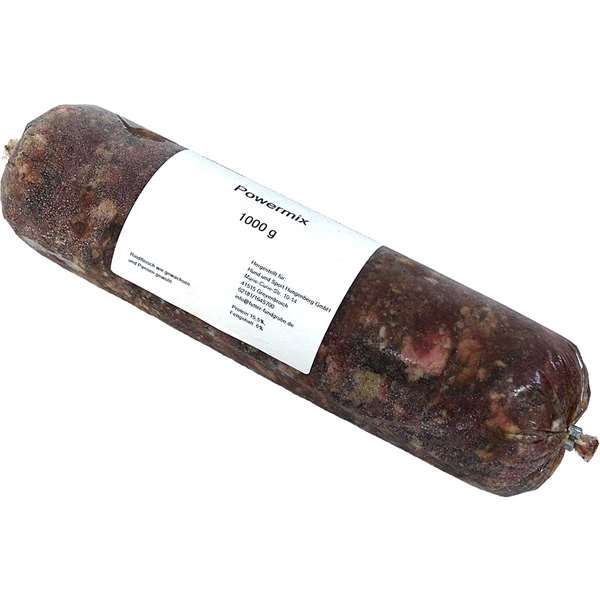 Vakuumverpackte Wurstrolle mit der Aufschrift „Powermix – 1000 g“, verpackt in einem nicht essbaren Kunstdarm. Das Einzelfuttermittel für Hunde enthält eine kräftige Mischung aus tierischen Bestandteilen für eine nährstoffreiche Rohfütterung