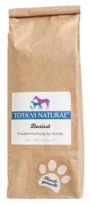 Braune Papiertüte mit Etikett, darauf Illustration eines lilafarbenen Pferdes, eines blauen Hundes und einer blauen Katze, unten weiße Pfote mit Schriftzug.