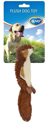 Plüsch-Hundespielzeug in Erdhörnchen mit braun-weißem Fell und buschigem Schwanz, befestigt an Verpackung mit Hundebild und Himmel.