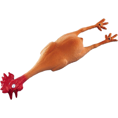 Orangefarbenes Gummihuhn mit rotem Kamm und Kehllappen, länglich verzerrt mit ausgestreckten Beinen, strukturierte Oberfläche erinnert an Hühnerhaut.