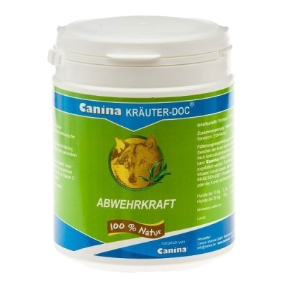 Weiße Dose mit grün-blauer Gestaltung. Aufschrift „Canina KRÄUTER-DOC FELL & HAUT – 100 % Natur“. Abbildung eines Wolfskopfs mit Blättern.