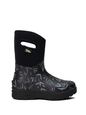 Schwarzer halber Gummistiefel mit floralem Muster im unteren Bereich, Grifföffnung am Schaft und robuster Profilsohle.