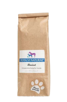 Braune Papiertüte mit Etikett, darauf Illustration eines lilafarbenen Pferdes und zweier blauer Hunde, unten weiße Pfote mit Schriftzug.