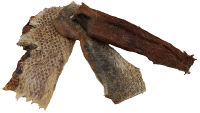  Drei längliche, unregelmäßig geformte Stücke getrockneter Pferdekopfhaut mit teils kurzem, teils längerem Fell in Braun- und Beigetönen sowie sichtbarer, rauer Struktur