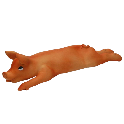 Orangefarbenes Gummispielzeug in Schweineform mit großen Ohren und ausgestreckten Beinen.