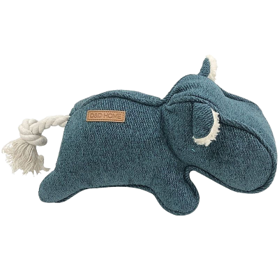 Blaues Hundespielzeug in Nilpferdform aus Stoff mit Seilohren und Seilschwanz, seitlich mit kleinem Etikett versehen.