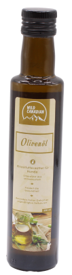Eine braune Glasflasche mit schwarzem Schraubverschluss und beigem Etikett der Marke „Wild Canadian“. Darauf steht „Olivenöl“. Unten ist ein Bild von Oliven und einer Glasflasche mit Öl.