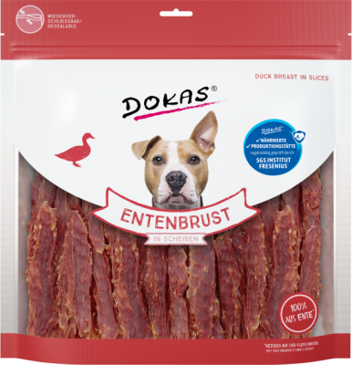 Rot-weiße Verpackung mit sichtbaren Scheiben aus Entenbrust durch transparenten Bereich; Hund auf der Vorderseite, Beutel mit Zip-Verschluss.