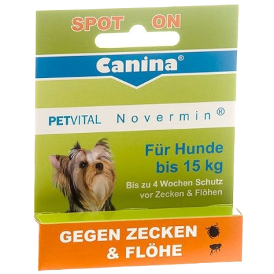 Verpackung mit Aufschrift „Canina PETVITAL Novermin – Für Hunde bis 15 kg“. Text: „Spot-on gegen Zecken & Flöhe – bis zu 4 Wochen Schutz“.
