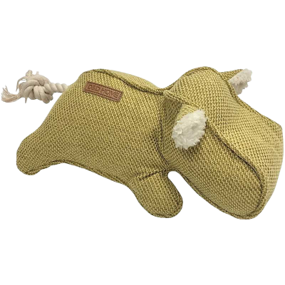 Gelbes Stoff-Hundespielzeug in Form eines Nilpferds mit weißen Innenseiten an Ohren und Schwanz.