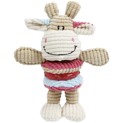 Plüschspielzeug in Kuhform aus geripptem Stoff, beige mit rosa, blauen und roten Akzenten, gesticktes Gesicht, bunte Ringe am Körper