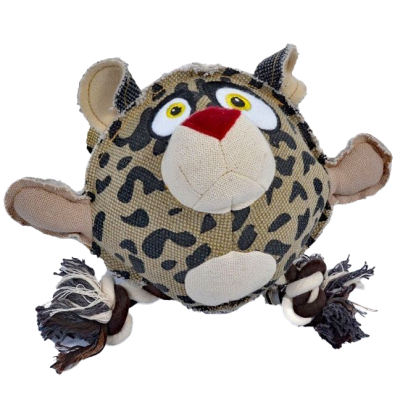 Stoff-Hundespielzeug in Leopardenform mit rundem Körper, großen Ohren, roter Nase, gelben Augen und seilartigen Gliedmaßen.