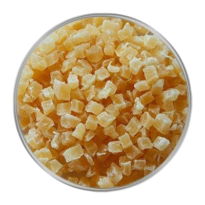 Ein Haufen kleiner, gleichmäßig geschnittener Mangowürfel in leuchtendem Gelb-Orange mit halbtransparenter, leicht glänzender Oberfläche.