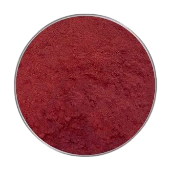 Ein fein gemahlenes Pulver in intensivem Rot, gleichmäßig verteilt in einem runden Behälter mit glatter Oberfläche und leicht körniger Struktur.