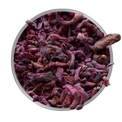 Ein rundes Sichtfenster zeigt getrocknete Rote-Bete-Streifen in dunklem Purpurrot mit leicht gewellter, matter Oberfläche und unregelmäßiger, länglicher Form.