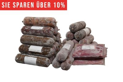 Ein BARF-Sparpaket mit zwei gestapelten Haufen runder Frostfleischrollen in grauem Kunstdarm und drei flachen Beuteln mit rötlichem Inhalt. Oben roter Hinweis „Sie sparen 10 %“.
