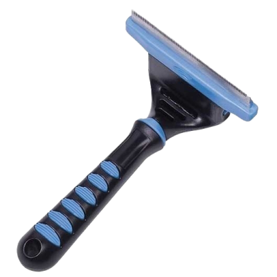Breite Entfilzungsbürste mit schwarzem Griff, blauen Gummieinsätzen und feinzahnigem Metallkamm in blauer Kunststofffassung.