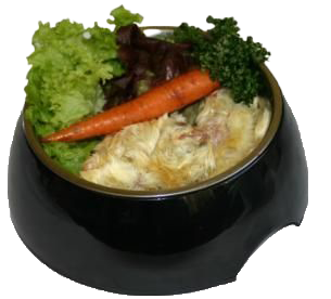 Ein schwarzer Futternapf mit mehreren ganzen, gelblichen Eintagsküken, garniert mit einer Möhre, grünen Salatblättern und Petersilie. Inhalt liegt locker im Napf.