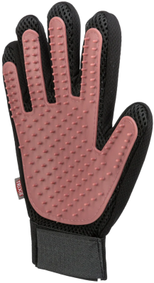 Schwarzer Fellpflege-Handschuh mit rosa Noppenfläche auf der Handinnenseite; Rückseite aus Netzmaterial, Klettverschluss am Handgelenk.