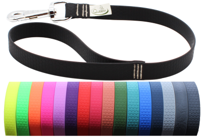 Eine Hundeleine mit Wabenstruktur und silbernem Karabinerhaken, hier in Schwarz gezeigt. Darunter sind die weiteren verfügbaren Farben von Gelb über Grün, Pink und Blau bis Grau abgebildet.