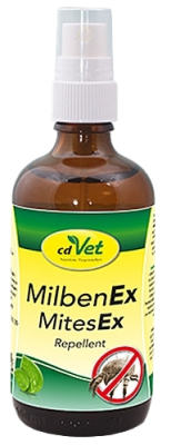 Braune Sprühflasche mit weißem Deckel. Etikett „cdVet MilbenEx MitesEx Repellent“ mit durchgestrichenem Milbensymbol. Farben: Grün, Rot, Weiß.
