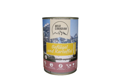 Eine Futterdose mit gelbem Etikett und der Aufschrift „Geflügel und Kartoffel“. Der Hintergrund zeigt eine verschneite Berglandschaft, unten befindet sich eine bordeauxfarbene Fläche mit Symbolen.