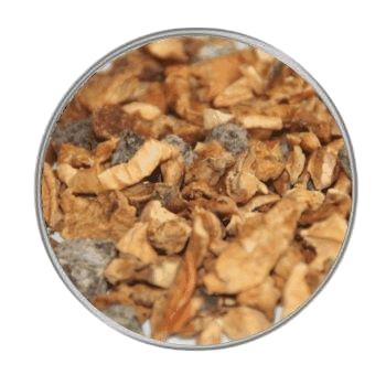 Ein Mix aus beige-braunen Apfel- und Pfirsichstücken, grob gehackt. Die Stücke unterscheiden sich leicht in Farbton und Form, mit wenigen dunkleren Einschlüssen