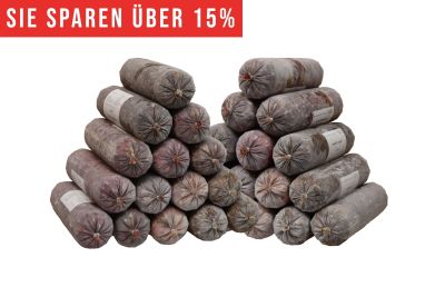 Zwei pyramidenförmig gestapelte Haufen aus gefrorenen Fleischrollen in grauem Kunstdarm. Die Füllung wirkt rötlich bis braun. Oben roter Hinweis „Sie sparen über 10 %“.