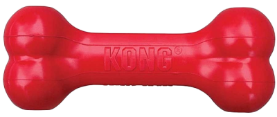 Rotes, knochenförmiges Hundespielzeug mit eingeprägtem KONG-Schriftzug in der Mitte.