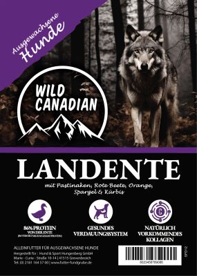 Ein Etikett mit schwarzem Hintergrund, naturgetreuem Wolf im herbstlichen Wald und violettem Farbelement oben links. Sorte Landente für ausgewachsene Hunde.