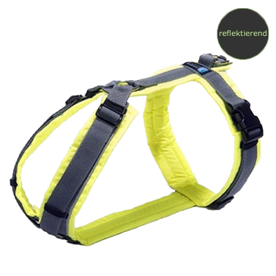 Ein gepolstertes Hundegeschirr in leuchtendem Neongelb mit grauen Gurtbändern, schwarzen Kunststoffverschlüssen und reflektierenden Elementen, ergonomisch geformt und freigestellt dargestellt.