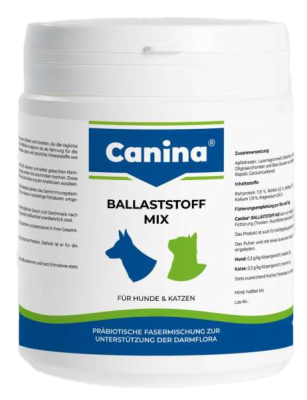 Weiße Kunststoffdose mit Etikett und blauen sowie grünen Grafiken von Hund und Katze; zylindrische Form, glatte Oberfläche.