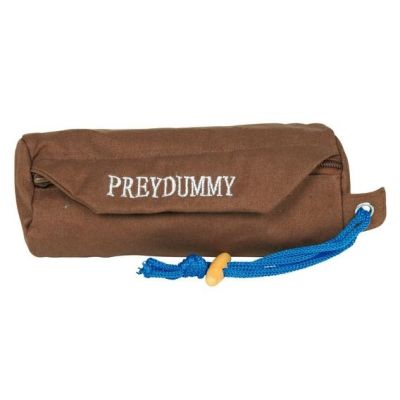 Dog Activity Preydummy 7x18cm braun Zylindrisches Objekt in Braun mit weißer Stickerei, an einem Ende befestigte blaue Kordel mit gelbem Kunststoffverschluss