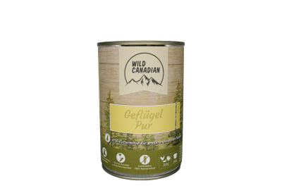 Eine Futterdose mit beigem Etikett und gelbem Feld mit der Aufschrift „Geflügel Pur“. Unten dunkelgrüne Fläche mit Symbolen für Fleischanteil, Frische-Garantie und Getreidefreiheit.