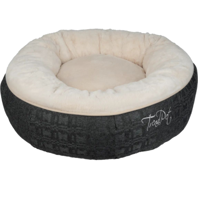 Ein rundes Haustierbett mit breitem, weichem Rand aus cremefarbenem Plüsch. Die Außenwand ist dunkelgrau mit dezenter Struktur und gesticktem „TrendPet“-Schriftzug