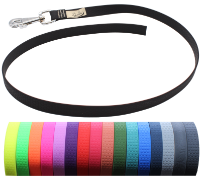 Eine Hundeleine mit Wabenstruktur und silbernem Karabinerhaken, hier in Schwarz gezeigt. Darunter sind die weiteren verfügbaren Farben von Gelb über Grün, Pink und Blau bis Grau abgebildet.