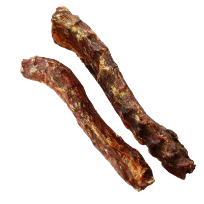 Zwei getrocknete Entenhälse mit länglicher, leicht gebogener Form. Die Oberfläche ist rötlich-braun, trocken und leicht glänzend, mit sichtbaren Fasern und Knochenteilen.