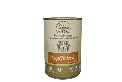 Eine zylindrische Futterdose mit beigem Etikett und der Aufschrift „Wild Canadian – Kopffleisch“. Unten sind Piktogramme sowie ein gezeichneter Hundekopf abgebildet.