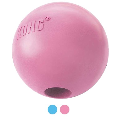 Rosa Ball mit eingeprägtem Markennamen und Loch an der Unterseite; darunter zwei kleine Farbpunkte in Blau und Rosa als Farbvarianten.