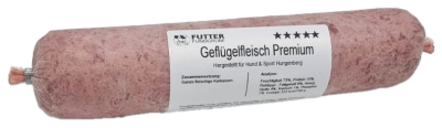 Eine Frostfleischrolle mit dem Etikett „Geflügelfleisch Premium“. Verpackt in einem nicht essbaren Kunstdarm. Die Füllung ist hellrosa, fein gewolft und gleichmäßig strukturiert.