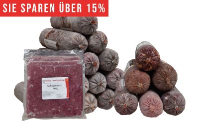 Barf Sparpaket Ein Stapel Frostfleischrollen in grauen Kunstdärmen und ein flacher Beutel mit rosa gewolftem Geflügelfleisch. Oben roter Werbebalken mit der Aufschrift „Sie sparen über 10 %“.14 kg
