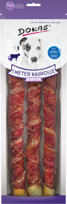 Verpackung mit drei langen Kaustangen aus Entenbrust, sichtbar durch transparenten Bereich; Hund vorne abgebildet, wiederverschließbarer Beutel.