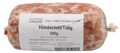 Gefrorene Fleischrolle in transparenter Verpackung, zylindrische Form mit unregelmäßiger Oberfläche, in Rosa-, Weiß- und Hellbrauntönen.