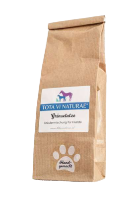 Braune Papiertüte mit Etikett, darauf Illustration eines lilafarbenen Pferdes, eines blauen Hundes und einer blauen Katze, unten weiße Pfote mit Schriftzug.