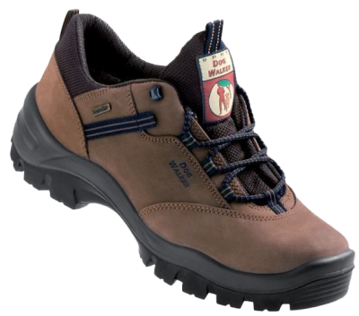 Brauner Wanderschuh mit schwarzer Sohle und Schnürsenkeln, Etikett mit Aufschrift „Dog Walker“ und Symbol einer Person mit Hund.