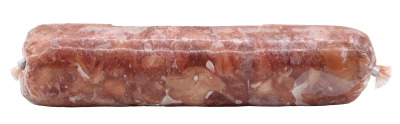 Eine Frostfleischrolle mit grob gewolftem, hellbraun-rosafarbenem Inhalt und sichtbaren Fleischstücken. Die Oberfläche ist leicht glänzend und unregelmäßig gefroren. Verpackt im nicht essbaren Kunstdarm.