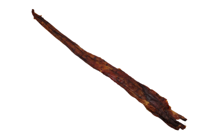 Langer, schmaler Streifen getrockneten braunen Fleisches mit runzeliger Oberfläche,