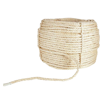 Große Rolle mit beigefarbenem, spiralförmig gewickeltem Seil; glatte, leicht strukturierte Oberfläche mit lockerem Seilende, das seitlich herausragt.