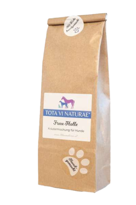 Braune Papiertüte mit Etikett, darauf Illustration eines lilafarbenen Pferdes, eines blauen Hundes und einer blauen Katze, unten weiße Pfote mit Schriftzug.