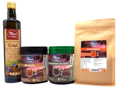 Vier Produkte nebeneinander: braune Flasche, zwei weiße Dosen mit Schraubdeckel und ein Beutel mit Sichtfenster; klare Formen und natürliche Farbgestaltung.